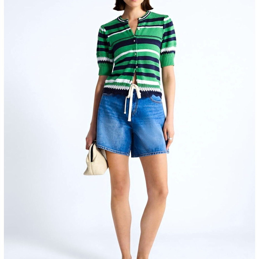 Free Assembly Women's Textured Green Navy White Striped Knit Cardigan/Sweater